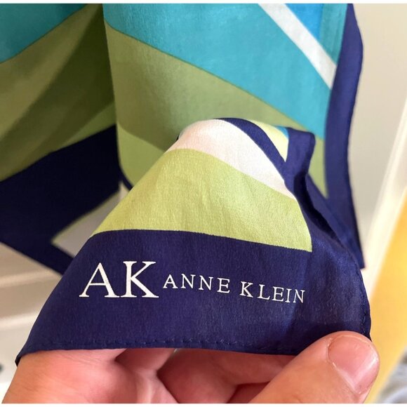 Vintage Anne Klein Silk Scarf Blue Green Geometric Stripes - Picture 2 of 4